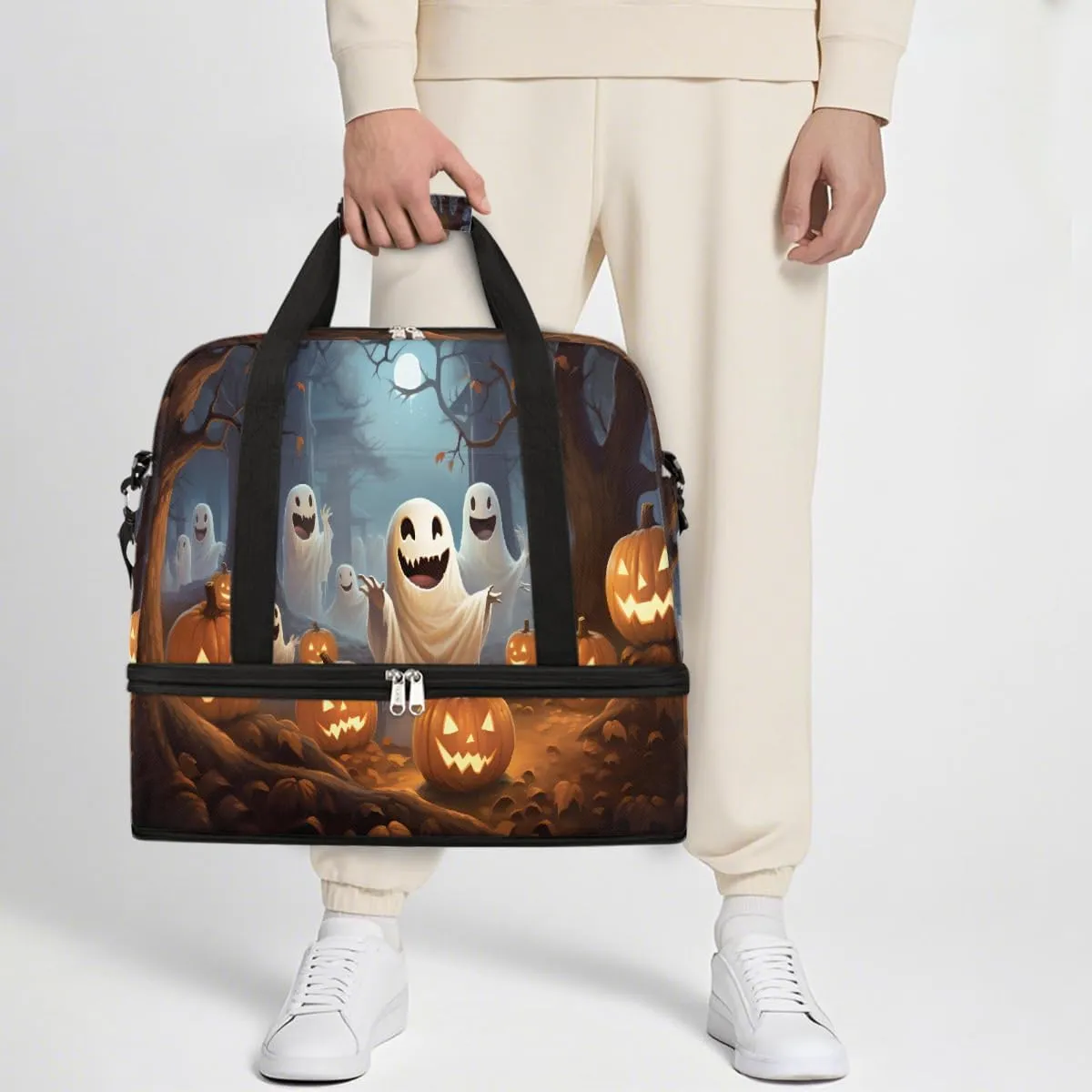 Sports Gym Bag Halloween Ghost Forest Large Travel Duffel Bag With Shoe Compartment Foldable Waterproof Carry-On Weekend Travel Bags for Camping Overnight Yoga Hospital Travel Bags