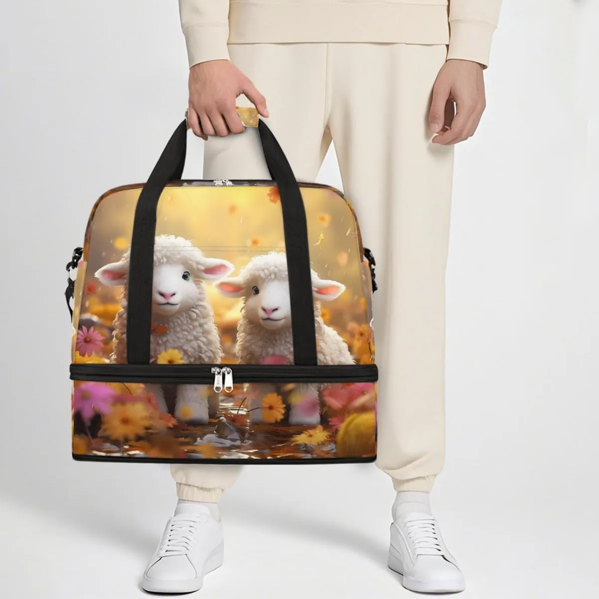 Sports Gym Bag Landscape Animal Sheep Large Travel Duffel Bag With Shoe Compartment Foldable Waterproof Carry-On Weekend Travel Bags for Camping Overnight Yoga Hospital Travel Bags