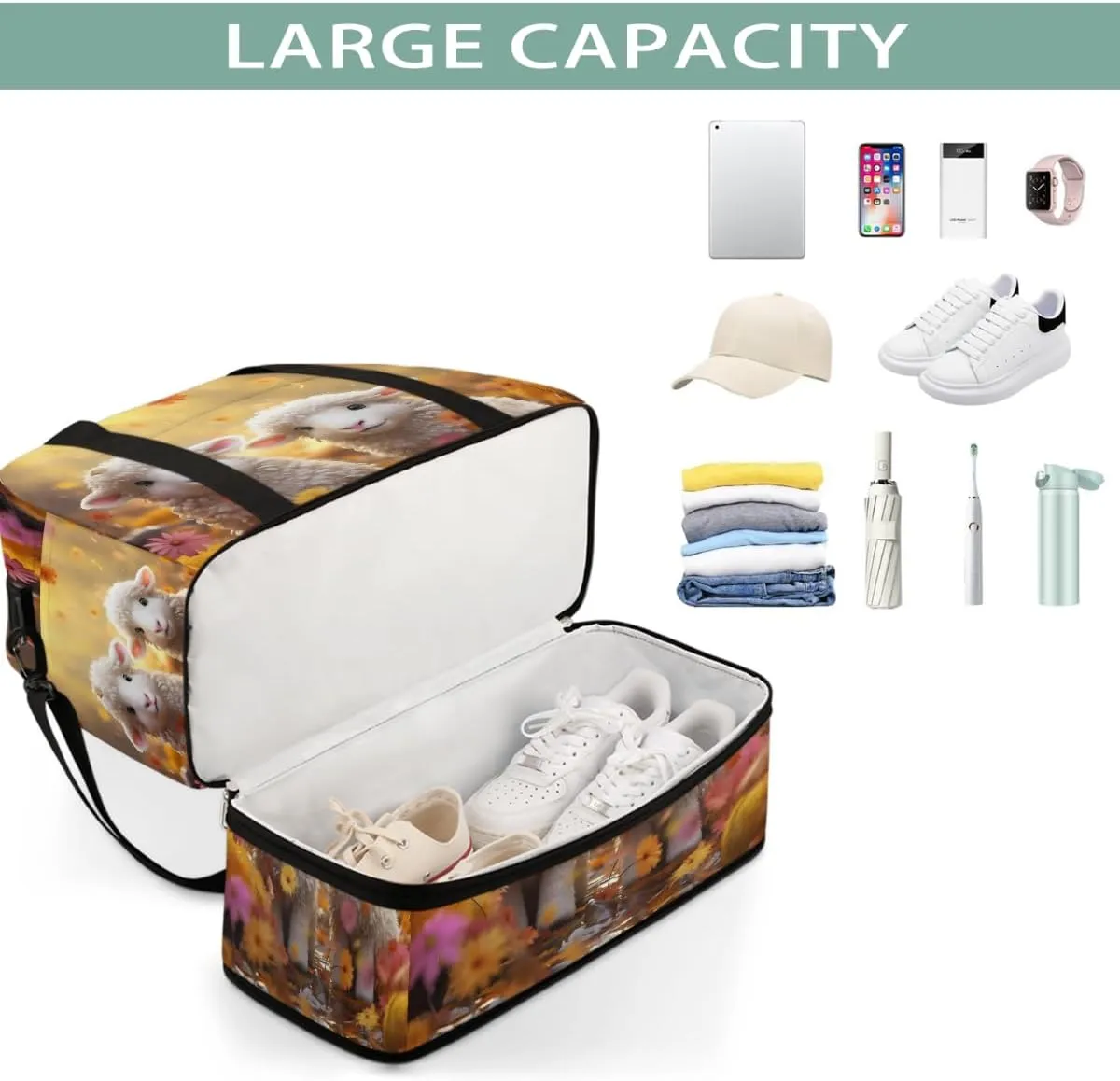 Sports Gym Bag Landscape Animal Sheep Large Travel Duffel Bag With Shoe Compartment Foldable Waterproof Carry-On Weekend Travel Bags for Camping Overnight Yoga Hospital Travel Bags