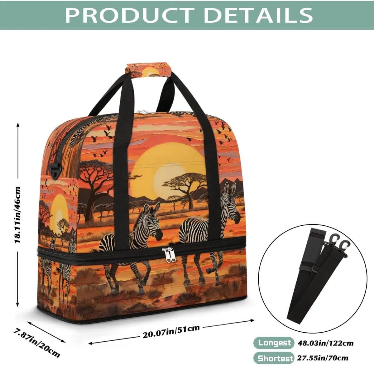 Sports Gym Bag Landscape Kenya Zebra Large Travel Duffel Bag With Shoe Compartment Foldable Waterproof Carry-On Weekend Travel Bags for Camping Overnight Yoga Hospital Travel Bags