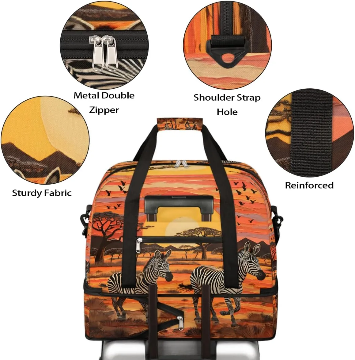 Sports Gym Bag Landscape Kenya Zebra Large Travel Duffel Bag With Shoe Compartment Foldable Waterproof Carry-On Weekend Travel Bags for Camping Overnight Yoga Hospital Travel Bags