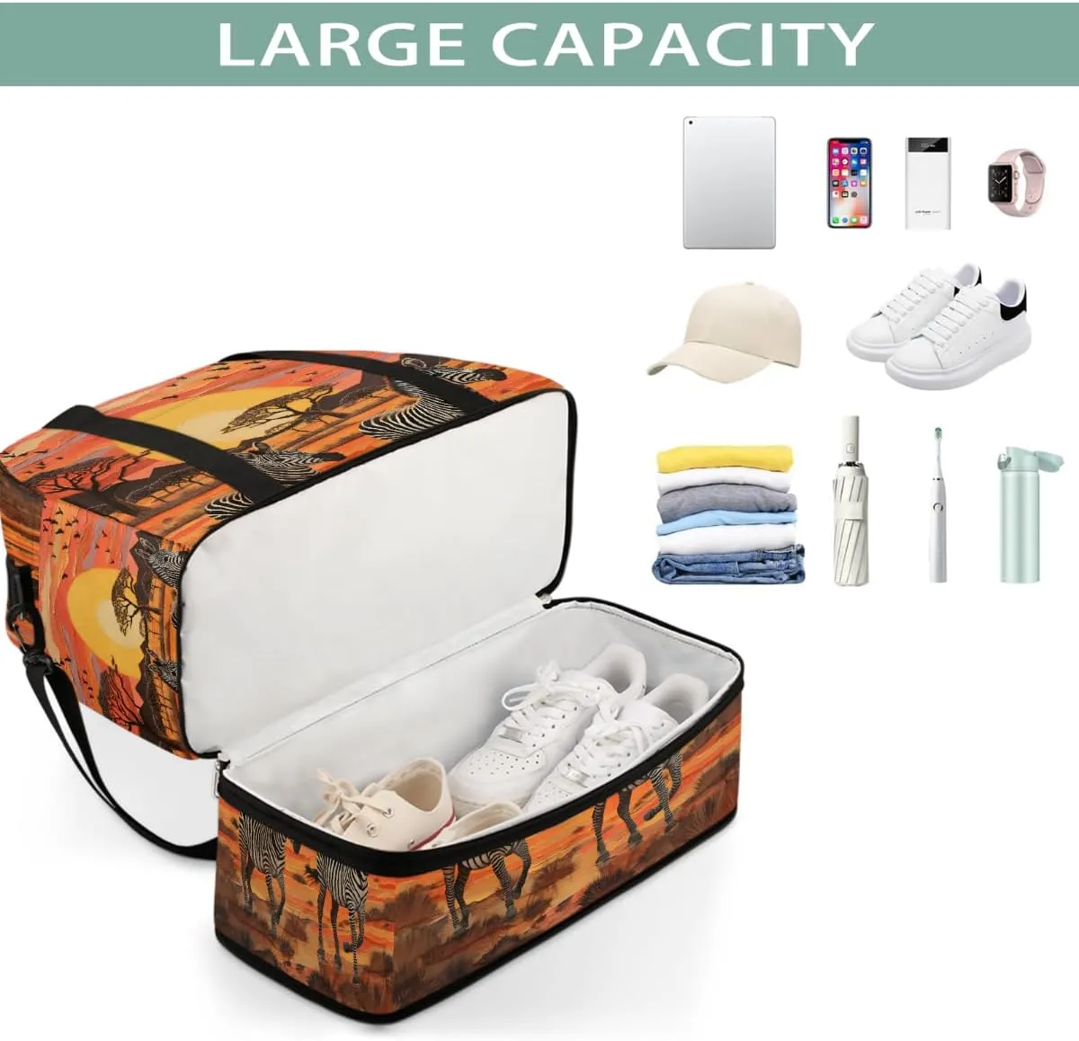 Sports Gym Bag Landscape Kenya Zebra Large Travel Duffel Bag With Shoe Compartment Foldable Waterproof Carry-On Weekend Travel Bags for Camping Overnight Yoga Hospital Travel Bags