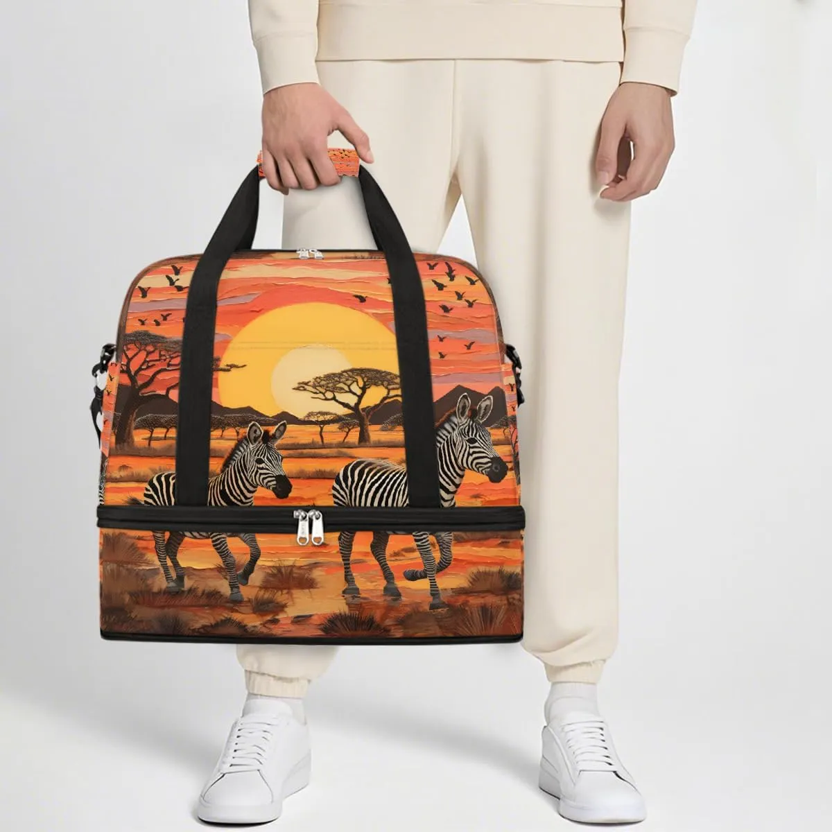 Sports Gym Bag Landscape Kenya Zebra Large Travel Duffel Bag With Shoe Compartment Foldable Waterproof Carry-On Weekend Travel Bags for Camping Overnight Yoga Hospital Travel Bags