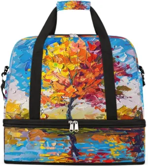 Sports Gym Bag Oil Painting Tree Landscape Large Travel Duffel Bag With Shoe Compartment Foldable Waterproof Carry-On Weekend Travel Bags for Camping Overnight Yoga Hospital Travel Bags