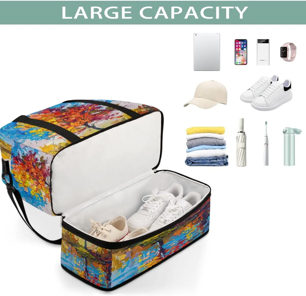 Sports Gym Bag Oil Painting Tree Landscape Large Travel Duffel Bag With Shoe Compartment Foldable Waterproof Carry-On Weekend Travel Bags for Camping Overnight Yoga Hospital Travel Bags