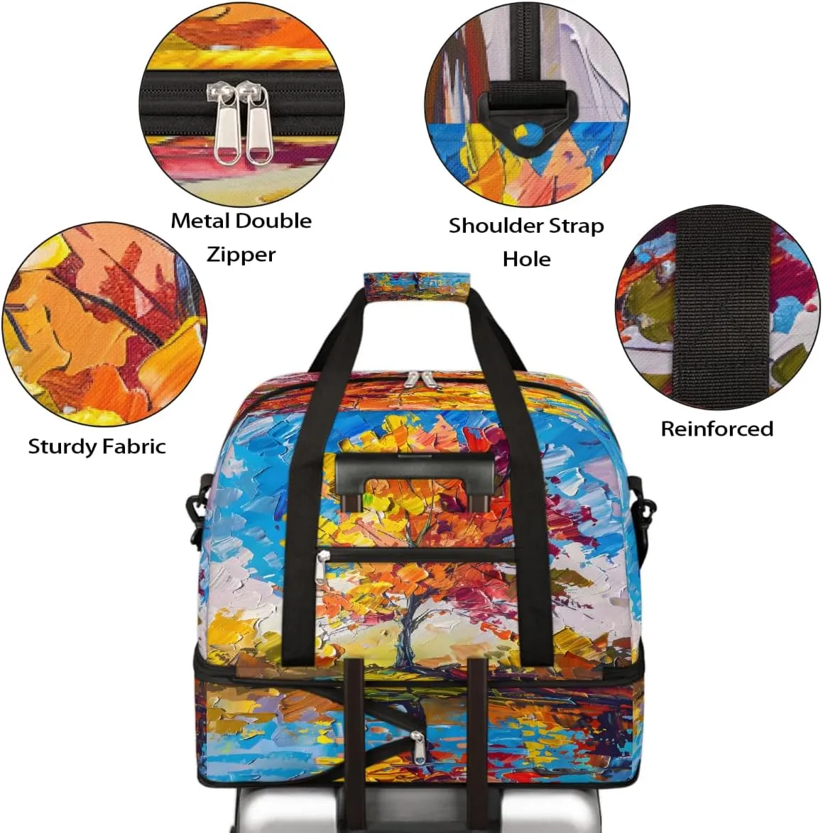 Sports Gym Bag Oil Painting Tree Landscape Large Travel Duffel Bag With Shoe Compartment Foldable Waterproof Carry-On Weekend Travel Bags for Camping Overnight Yoga Hospital Travel Bags
