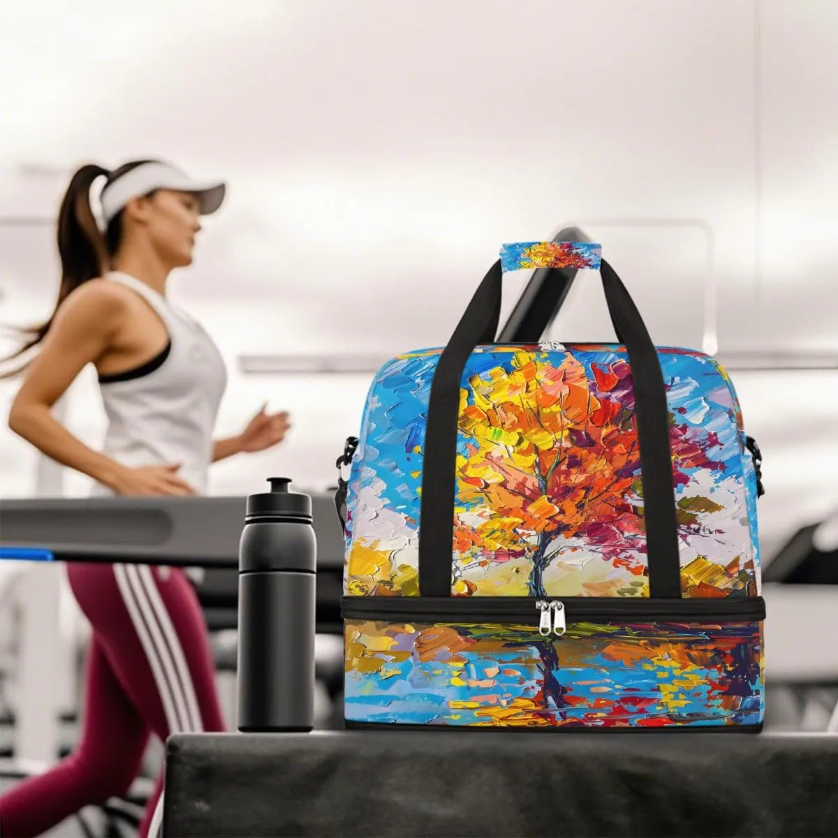 Sports Gym Bag Oil Painting Tree Landscape Large Travel Duffel Bag With Shoe Compartment Foldable Waterproof Carry-On Weekend Travel Bags for Camping Overnight Yoga Hospital Travel Bags