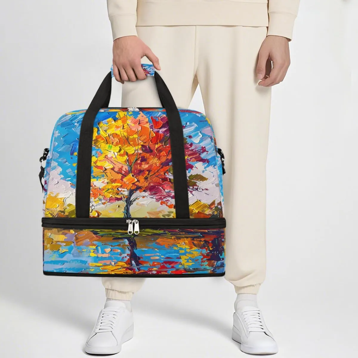 Sports Gym Bag Oil Painting Tree Landscape Large Travel Duffel Bag With Shoe Compartment Foldable Waterproof Carry-On Weekend Travel Bags for Camping Overnight Yoga Hospital Travel Bags
