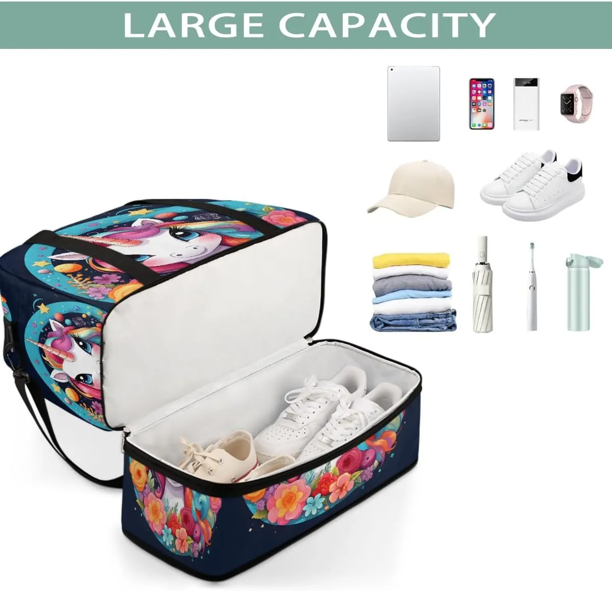 Sports Gym Bag Unicorn Flower Circle Large Travel Duffel Bag With Shoe Compartment Foldable Waterproof Carry-On Weekend Travel Bags for Camping Overnight Yoga Hospital Travel Bags