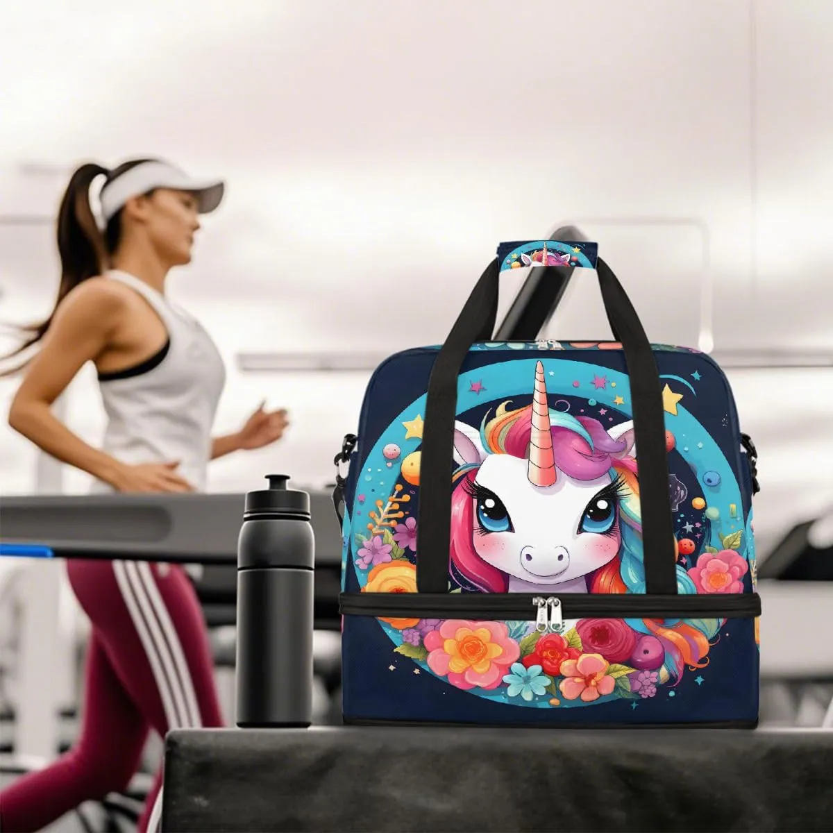 Sports Gym Bag Unicorn Flower Circle Large Travel Duffel Bag With Shoe Compartment Foldable Waterproof Carry-On Weekend Travel Bags for Camping Overnight Yoga Hospital Travel Bags