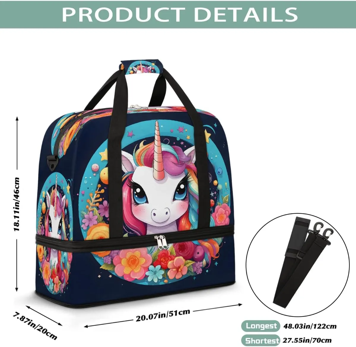 Sports Gym Bag Unicorn Flower Circle Large Travel Duffel Bag With Shoe Compartment Foldable Waterproof Carry-On Weekend Travel Bags for Camping Overnight Yoga Hospital Travel Bags
