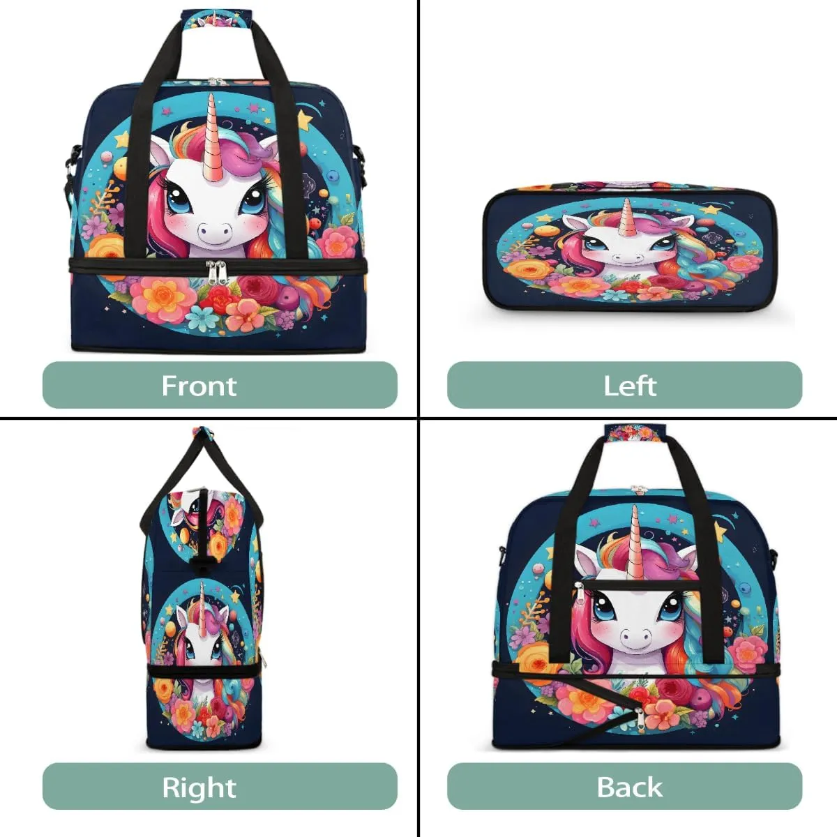 Sports Gym Bag Unicorn Flower Circle Large Travel Duffel Bag With Shoe Compartment Foldable Waterproof Carry-On Weekend Travel Bags for Camping Overnight Yoga Hospital Travel Bags