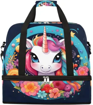 Sports Gym Bag Unicorn Flower Circle Large Travel Duffel Bag With Shoe Compartment Foldable Waterproof Carry-On Weekend Travel Bags for Camping Overnight Yoga Hospital Travel Bags
