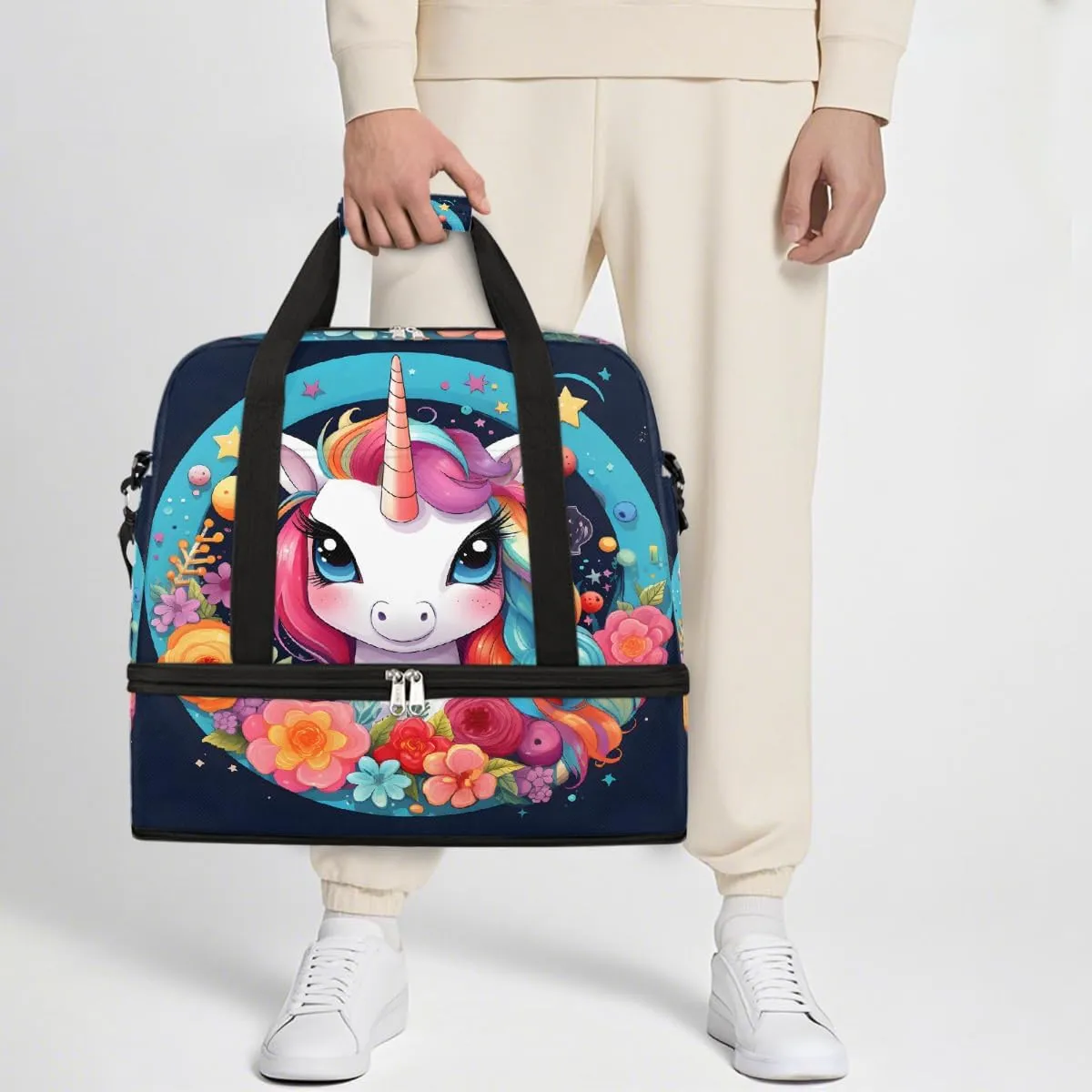 Sports Gym Bag Unicorn Flower Circle Large Travel Duffel Bag With Shoe Compartment Foldable Waterproof Carry-On Weekend Travel Bags for Camping Overnight Yoga Hospital Travel Bags