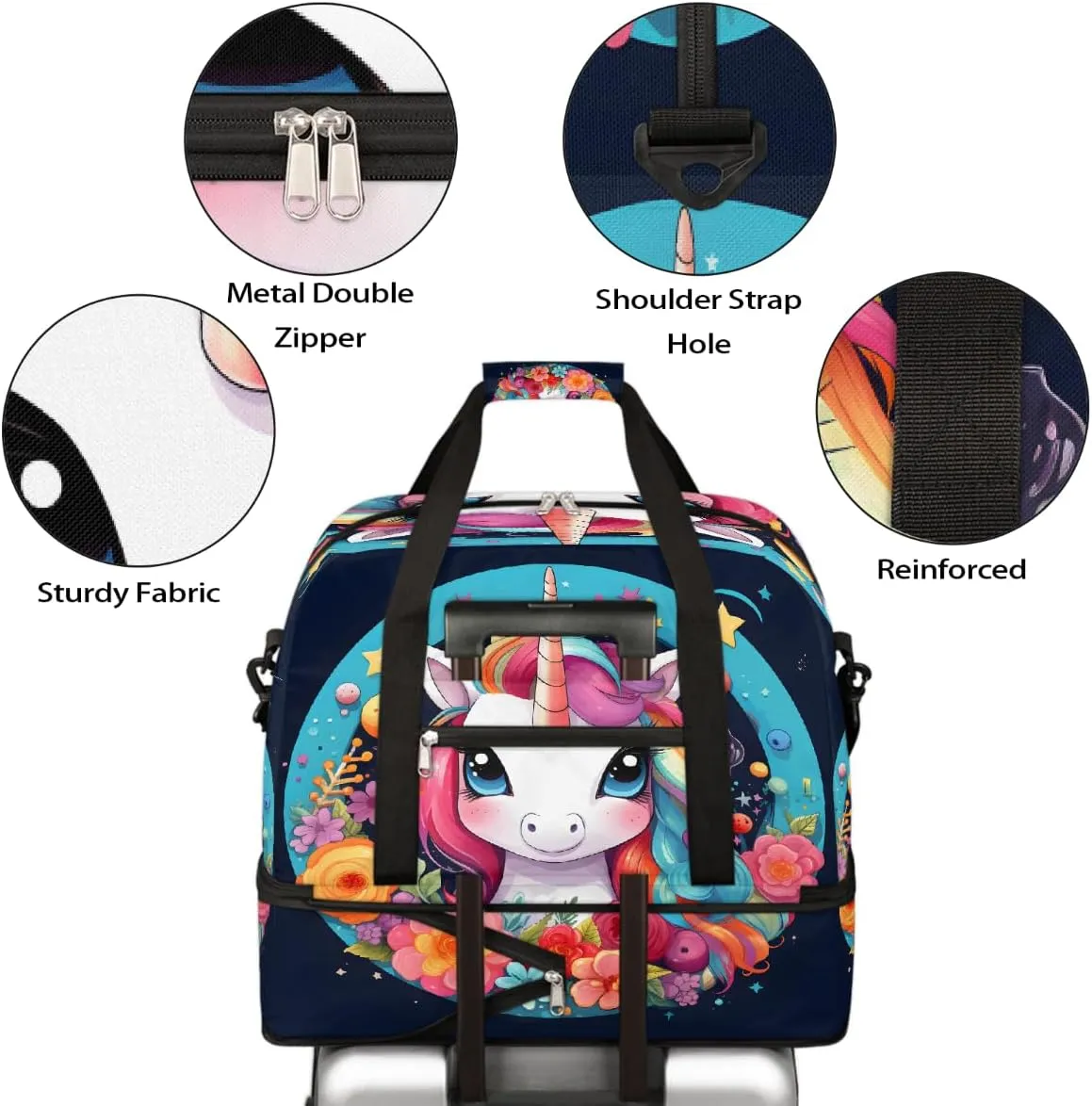 Sports Gym Bag Unicorn Flower Circle Large Travel Duffel Bag With Shoe Compartment Foldable Waterproof Carry-On Weekend Travel Bags for Camping Overnight Yoga Hospital Travel Bags