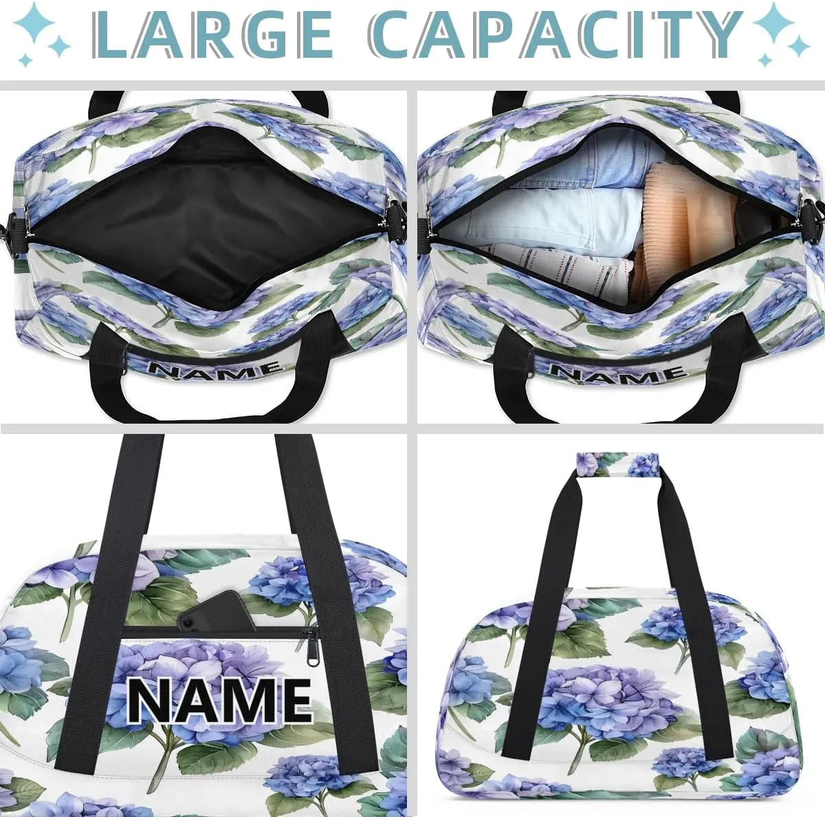 Spring Hydrangea Mini Gym Bag 18 inch for Women Men Waterproof Custom Watercolor Flower Travel Duffel Bag Carry On Overnight Tote Nurse Bag for Work Fitness Hiking