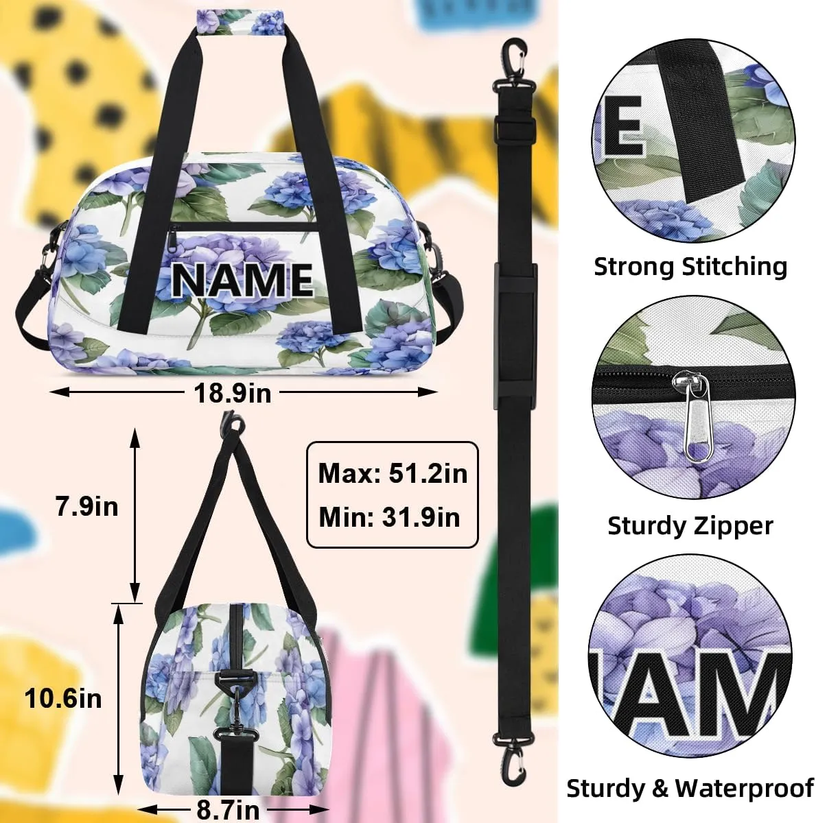 Spring Hydrangea Mini Gym Bag 18 inch for Women Men Waterproof Custom Watercolor Flower Travel Duffel Bag Carry On Overnight Tote Nurse Bag for Work Fitness Hiking