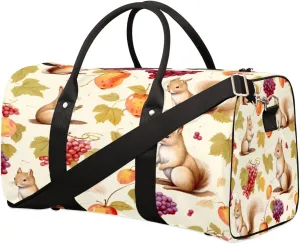 Squirrel Grape Berries Travel Duffel Bag, Fall Maple Leaves Sports Gym Bag, Foldable Weekender Overnight Tote Bag Carry on Luggage Handbag for Yoga Workout