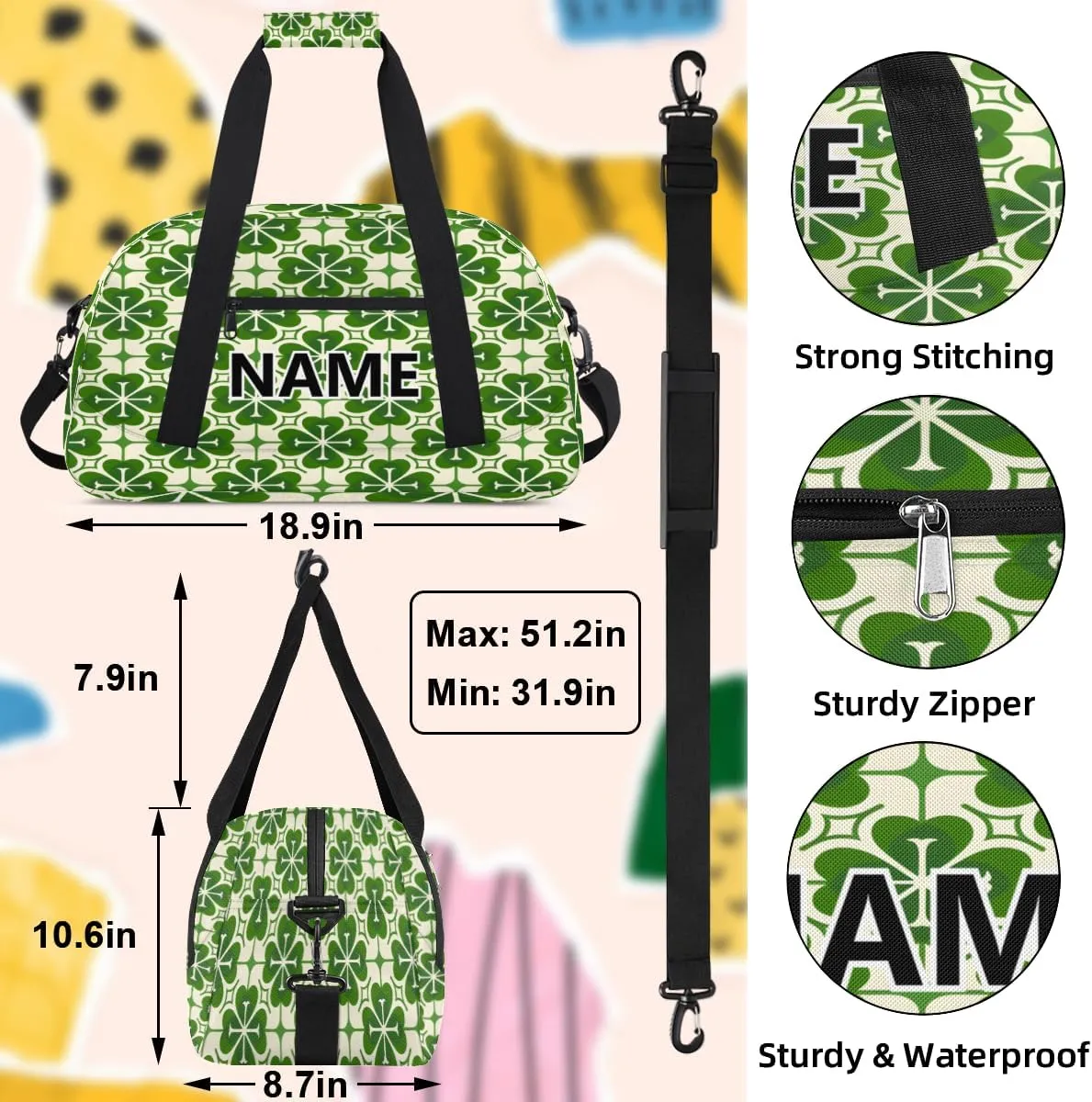 St. Patrick’s Day Custom Small Gym Bag 18 inch for Women Men Personalized Green Lucky Shamrock Carry On Overnight Weekender Bag for Travel Work Dance Sport