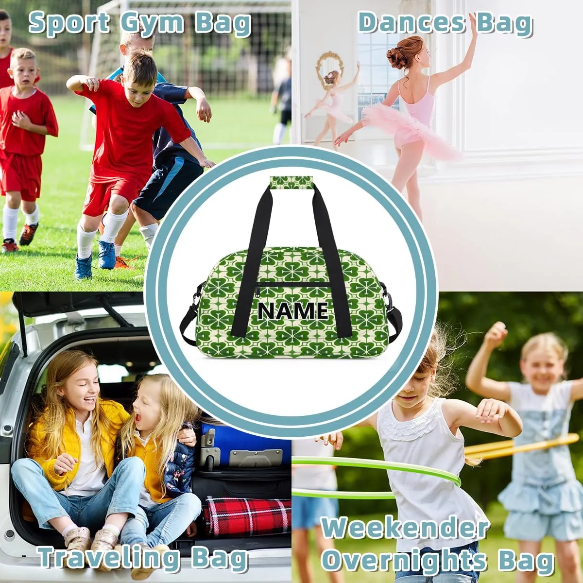 St. Patrick’s Day Custom Small Gym Bag 18 inch for Women Men Personalized Green Lucky Shamrock Carry On Overnight Weekender Bag for Travel Work Dance Sport