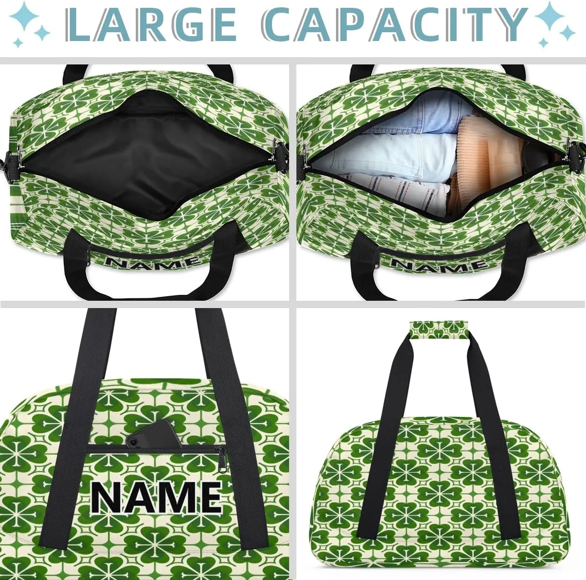 St. Patrick’s Day Custom Small Gym Bag 18 inch for Women Men Personalized Green Lucky Shamrock Carry On Overnight Weekender Bag for Travel Work Dance Sport