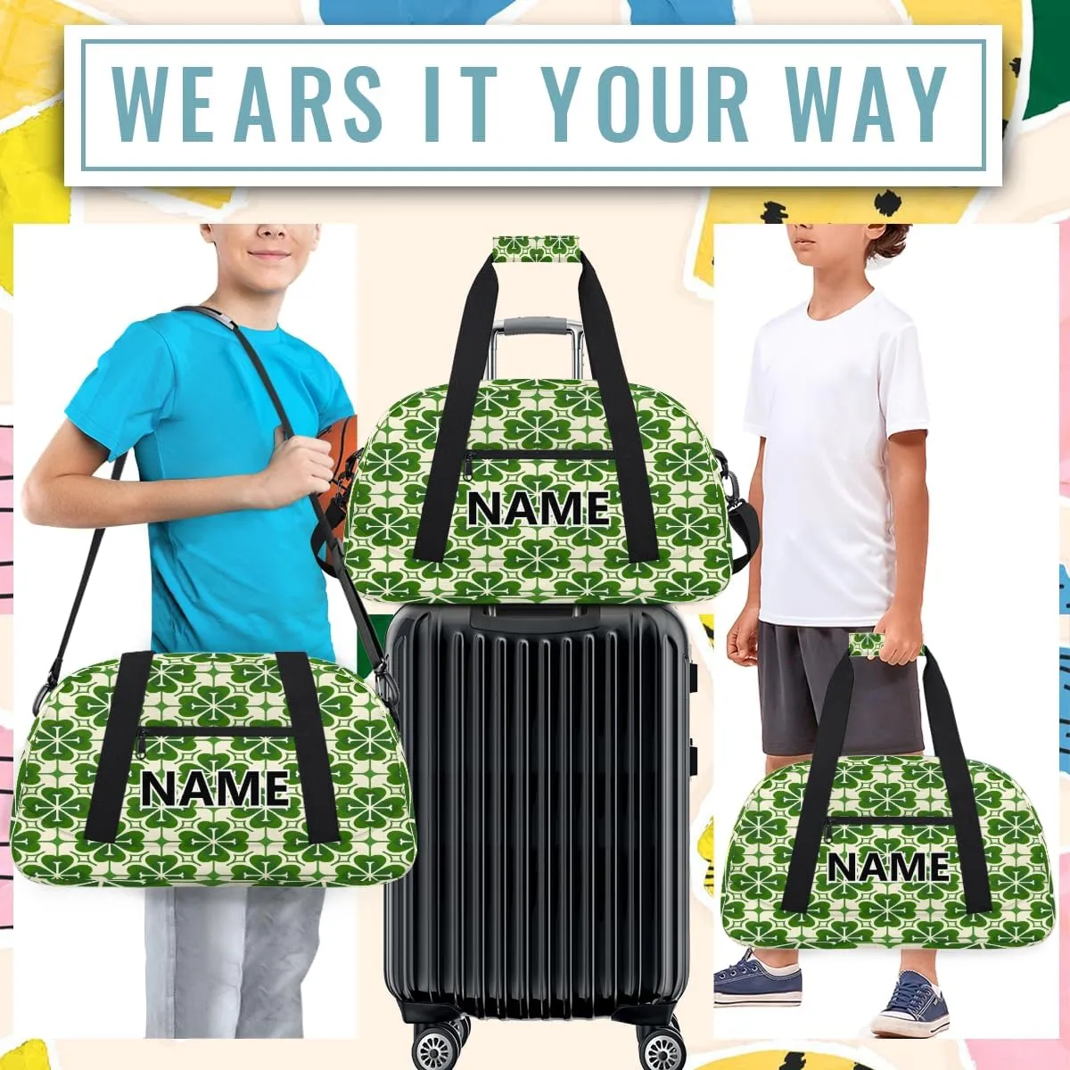 St. Patrick’s Day Custom Small Gym Bag 18 inch for Women Men Personalized Green Lucky Shamrock Carry On Overnight Weekender Bag for Travel Work Dance Sport