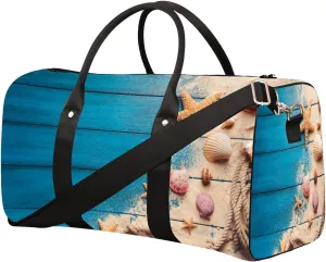 Starfish Wooden Board Blue Travel Duffel Bag for Women Men Small Sport Gym Bag Waterproof Weekender Overnight Lightweight Carry on Foldable Gym Bag for Training Swim Yoga Traveling Handbag