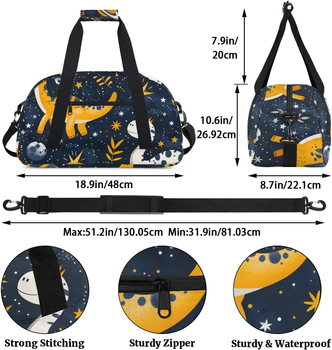 Starry Night Dinosaur Boys Girls Gym Bag Dance Perform Training Duffel Bags Weekender Carry-On Tote Luggage Bag Ideal for School Practice or Overnight Trips Black