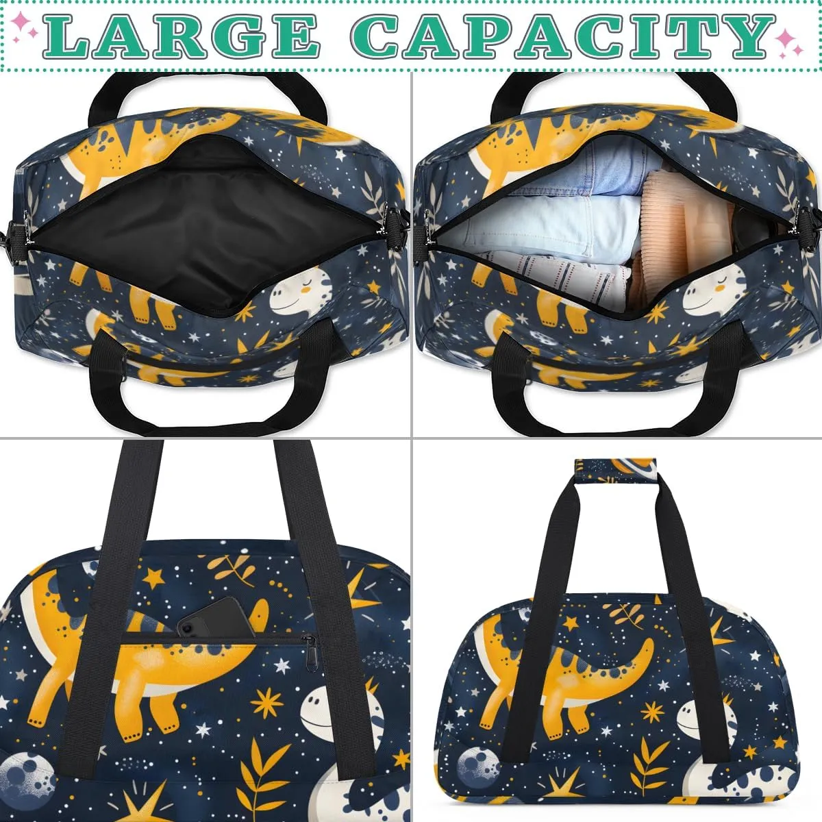 Starry Night Dinosaur Boys Girls Gym Bag Dance Perform Training Duffel Bags Weekender Carry-On Tote Luggage Bag Ideal for School Practice or Overnight Trips Black