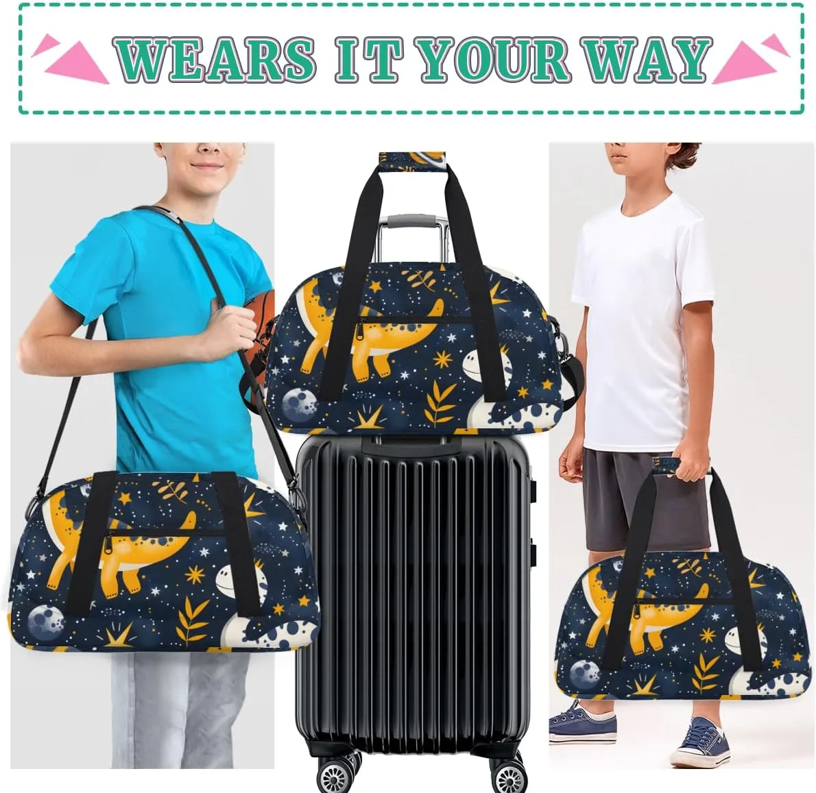 Starry Night Dinosaur Boys Girls Gym Bag Dance Perform Training Duffel Bags Weekender Carry-On Tote Luggage Bag Ideal for School Practice or Overnight Trips Black