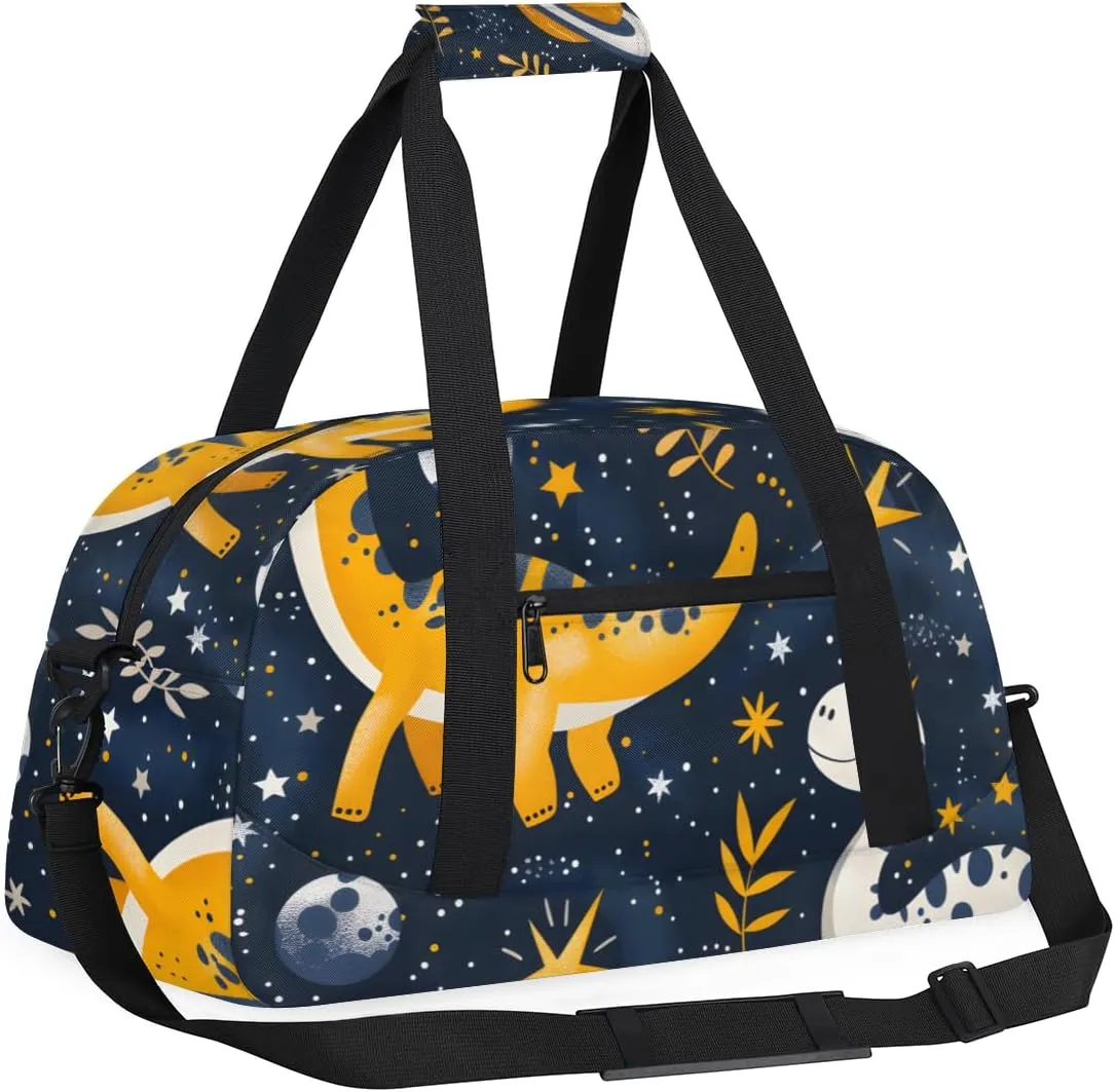 Starry Night Dinosaur Boys Girls Gym Bag Dance Perform Training Duffel Bags Weekender Carry-On Tote Luggage Bag Ideal for School Practice or Overnight Trips Black