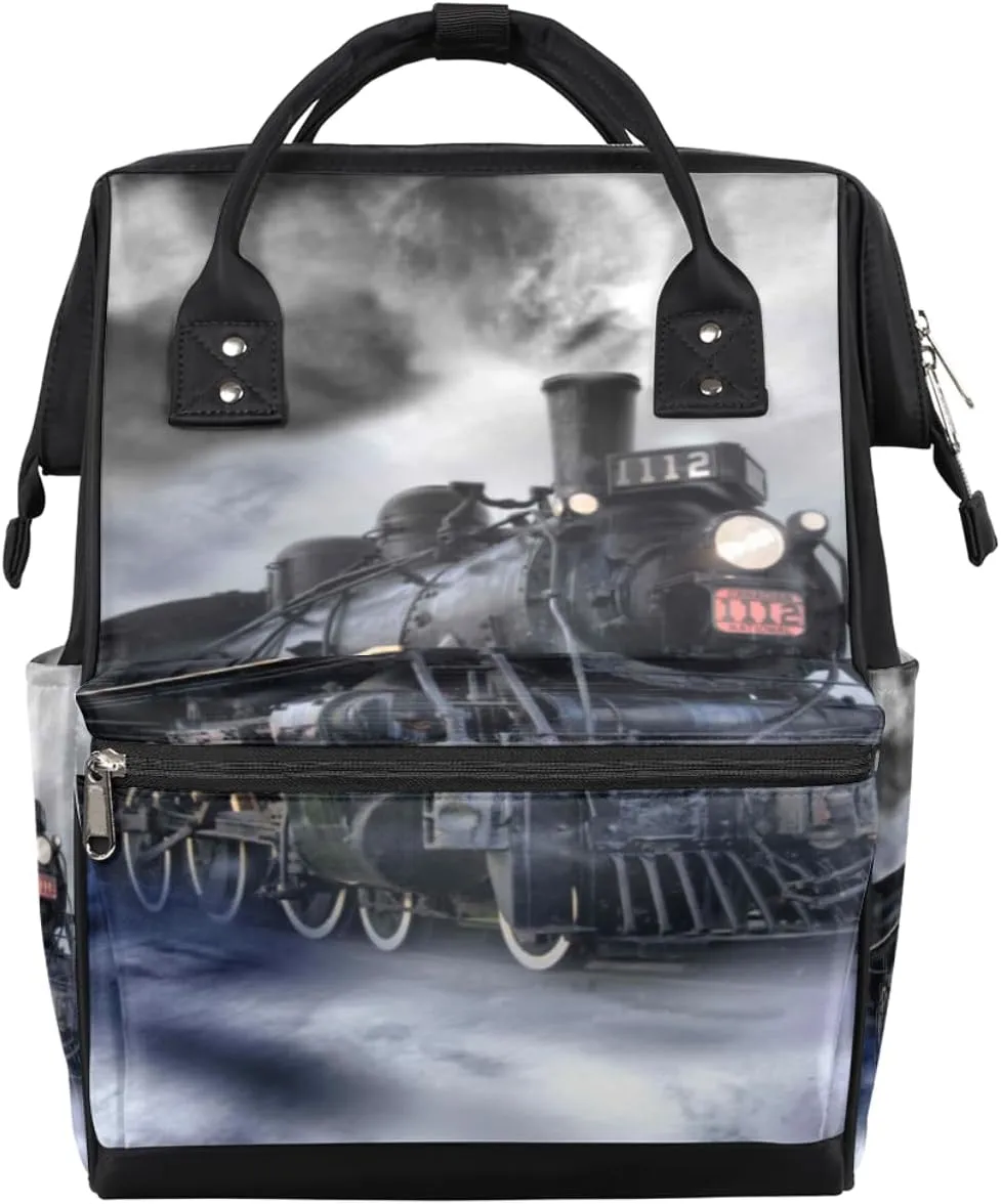 Steam Train Diaper Bag Tote Large Capacity Waterproof with Adjustable Shoulder Strap and Pram Straps Mommy Bag for Hospital Beach Weekender Travel