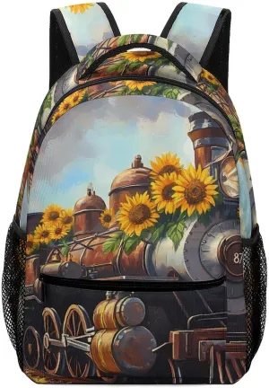 Steam Train with Sunflowers Casual Daypack Backpack Laptop Bag Cute Unisex for Travel Business Work