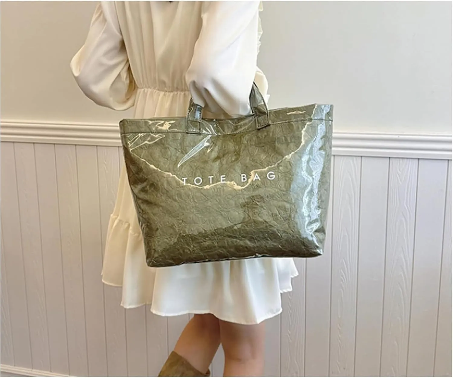 Stellaya Womens Letters Print Tote Bag, Stellaya Fashion Retro Tote Bag, PVC Waterproof Kraft Paper Handbags