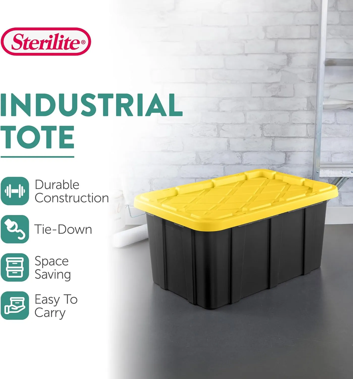 Sterilite 17 Gal Industrial Tote, Stackable Storage Bin with Snap-Fit Lid for Garage, Basement & Attic Storage, Black Base and Yellow Lily Lid, 6-Pack