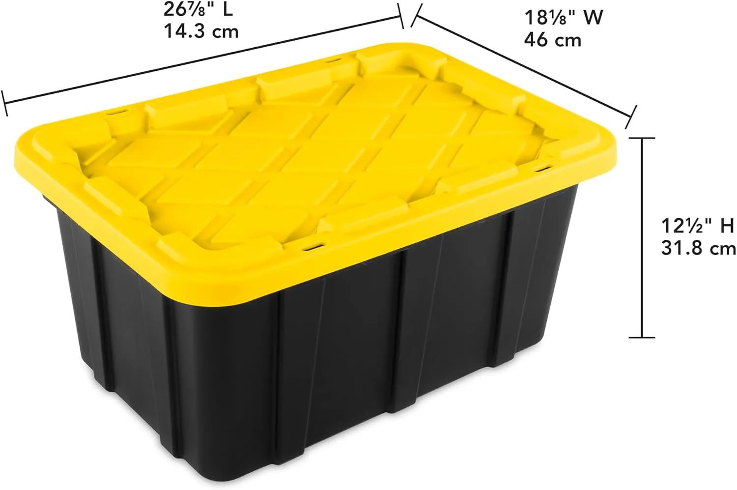 Sterilite 17 Gal Industrial Tote, Stackable Storage Bin with Snap-Fit Lid for Garage, Basement & Attic Storage, Black Base and Yellow Lily Lid, 6-Pack