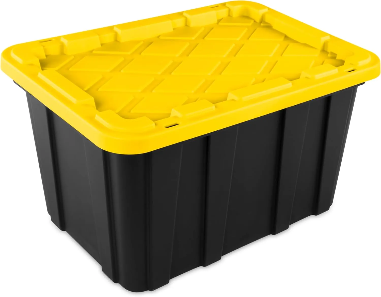 Sterilite 27 Gal Industrial Tote, Stackable Storage Bin with Snap-Fit Lid for Garage, Basement & Attic Storage, Black Base and Yellow Lily Lid, 6-Pack