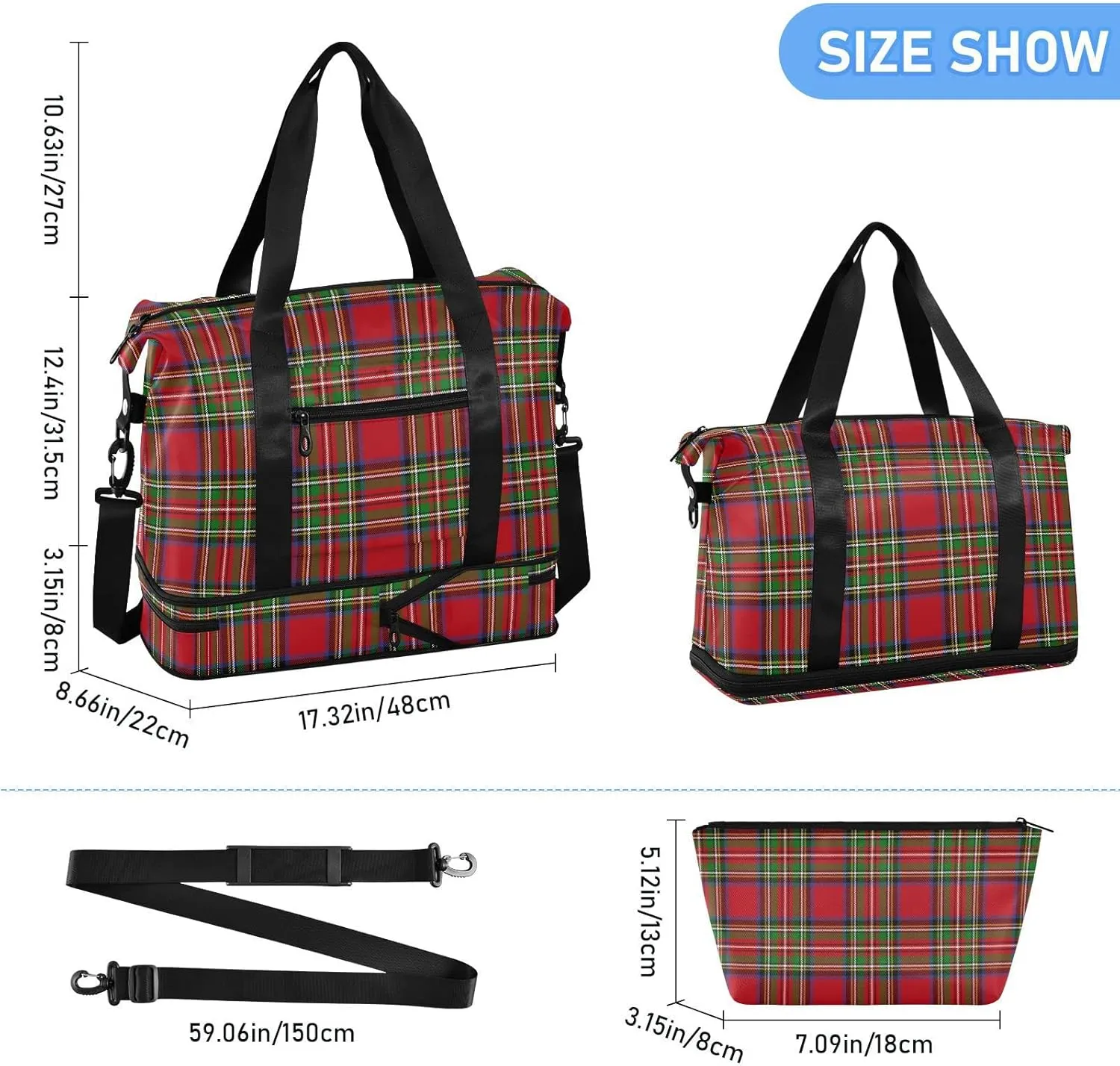 Stewart Tartan Plaid Red Gym Bag for Women Men Travel Duffel Bag with Shoe Compartment Carry On Weekender Overnight Bags for Hospital Gym Travel