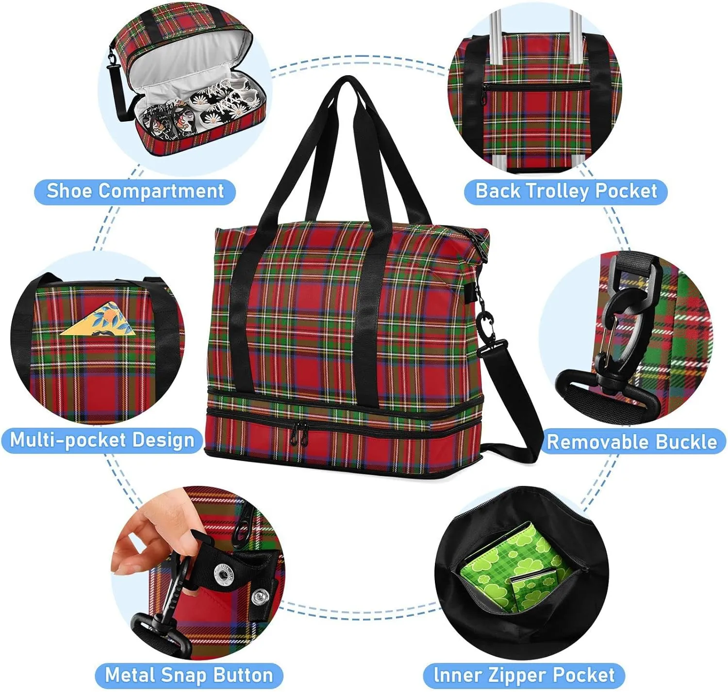 Stewart Tartan Plaid Red Gym Bag for Women Men Travel Duffel Bag with Shoe Compartment Carry On Weekender Overnight Bags for Hospital Gym Travel
