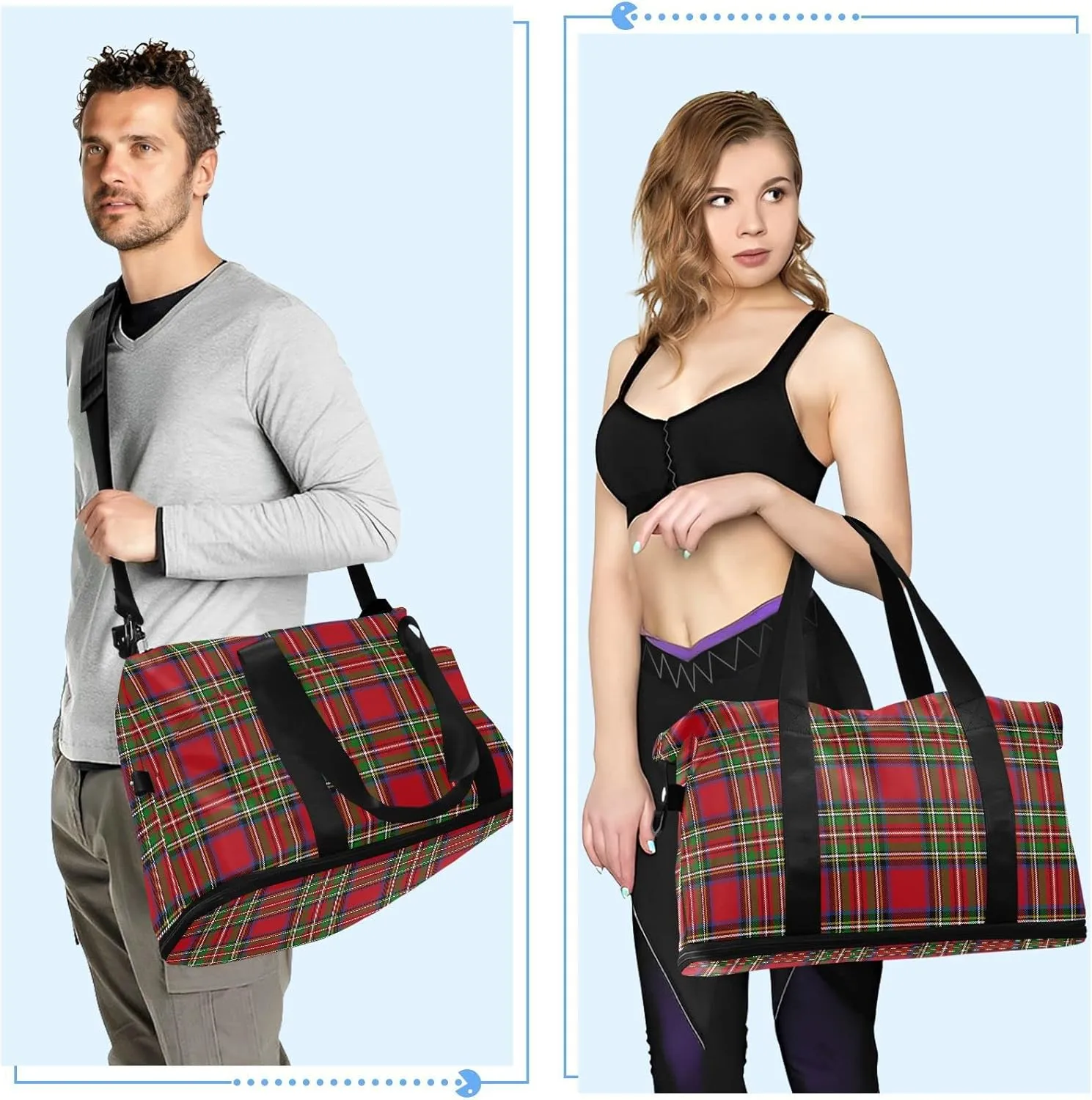 Stewart Tartan Plaid Red Gym Bag for Women Men Travel Duffel Bag with Shoe Compartment Carry On Weekender Overnight Bags for Hospital Gym Travel