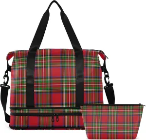 Stewart Tartan Plaid Red Gym Bag for Women Men Travel Duffel Bag with Shoe Compartment Carry On Weekender Overnight Bags for Hospital Gym Travel