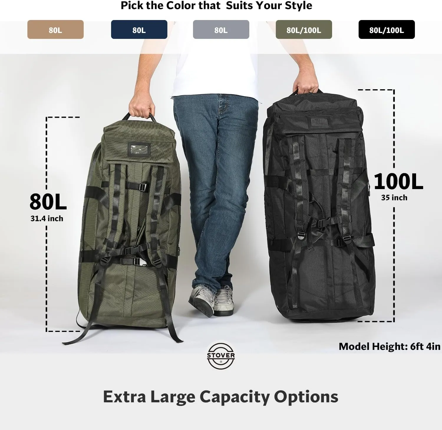 STOVER 80L Rolling Duffel Bag with Wheels, Large 31 Inch Durable Travel Duffle   Toiletry Bag, Heavy Duty, Packable, Foldable w/Shoulder Straps- Use as Luggage or Backpack, Men/Women (Blue)