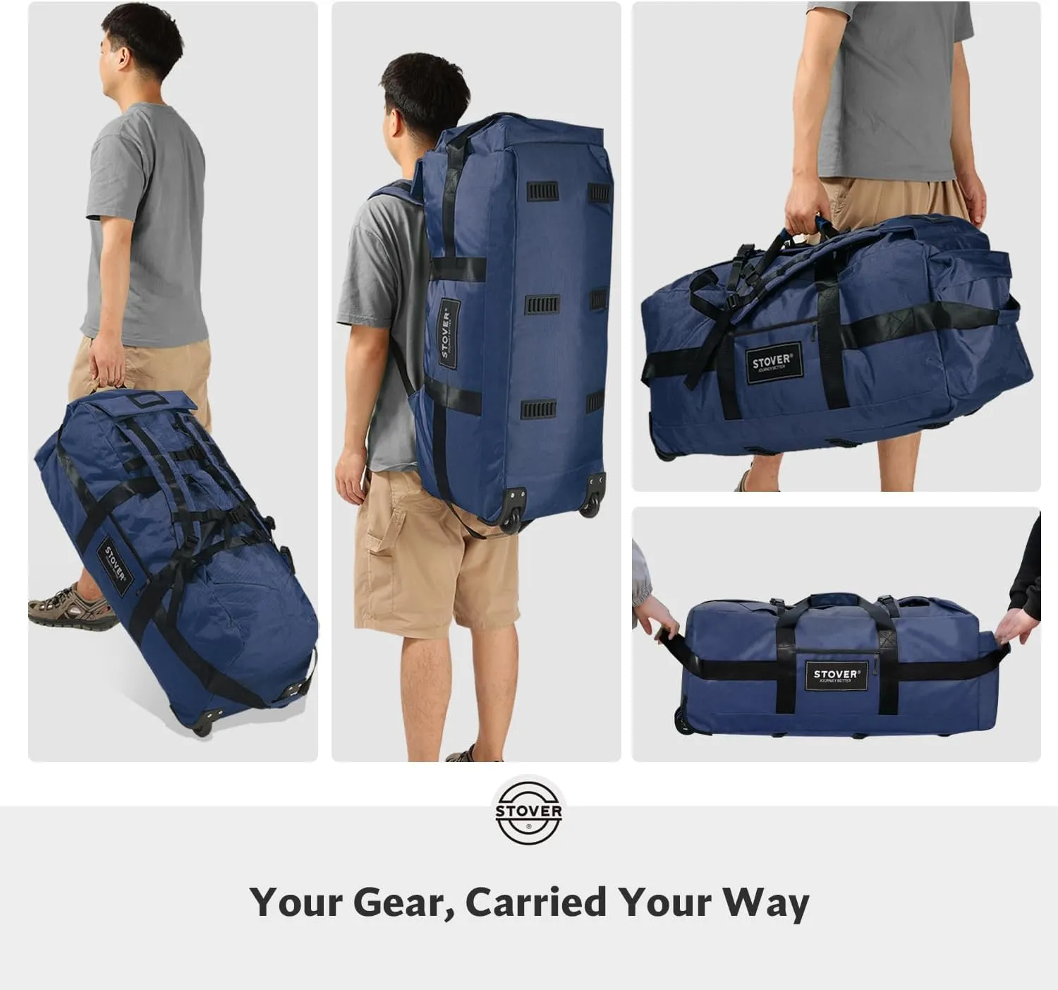 STOVER 80L Rolling Duffel Bag with Wheels, Large 31 Inch Durable Travel Duffle   Toiletry Bag, Heavy Duty, Packable, Foldable w/Shoulder Straps- Use as Luggage or Backpack, Men/Women (Blue)