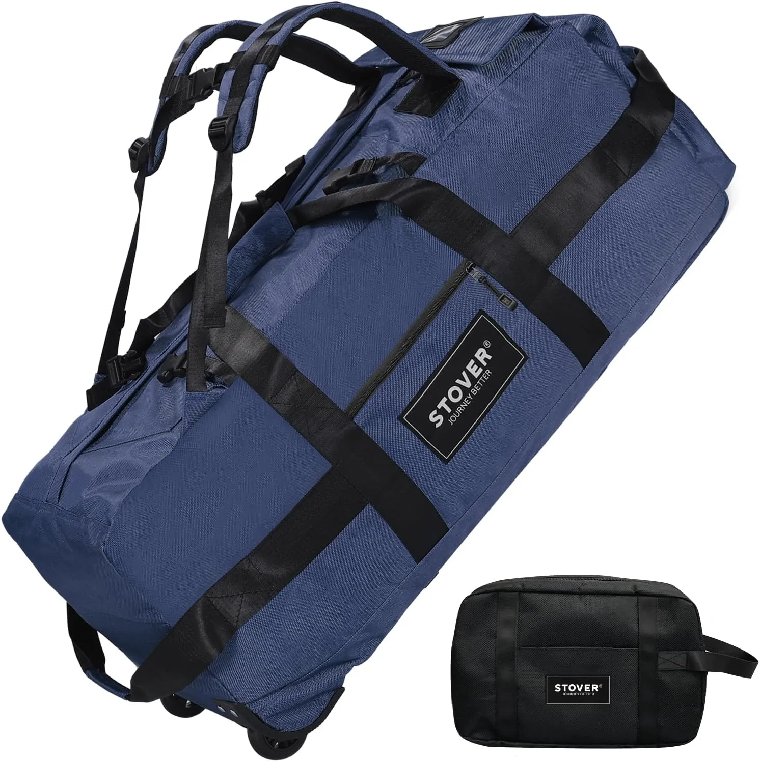 STOVER 80L Rolling Duffel Bag with Wheels, Large 31 Inch Durable Travel Duffle   Toiletry Bag, Heavy Duty, Packable, Foldable w/Shoulder Straps- Use as Luggage or Backpack, Men/Women (Blue)