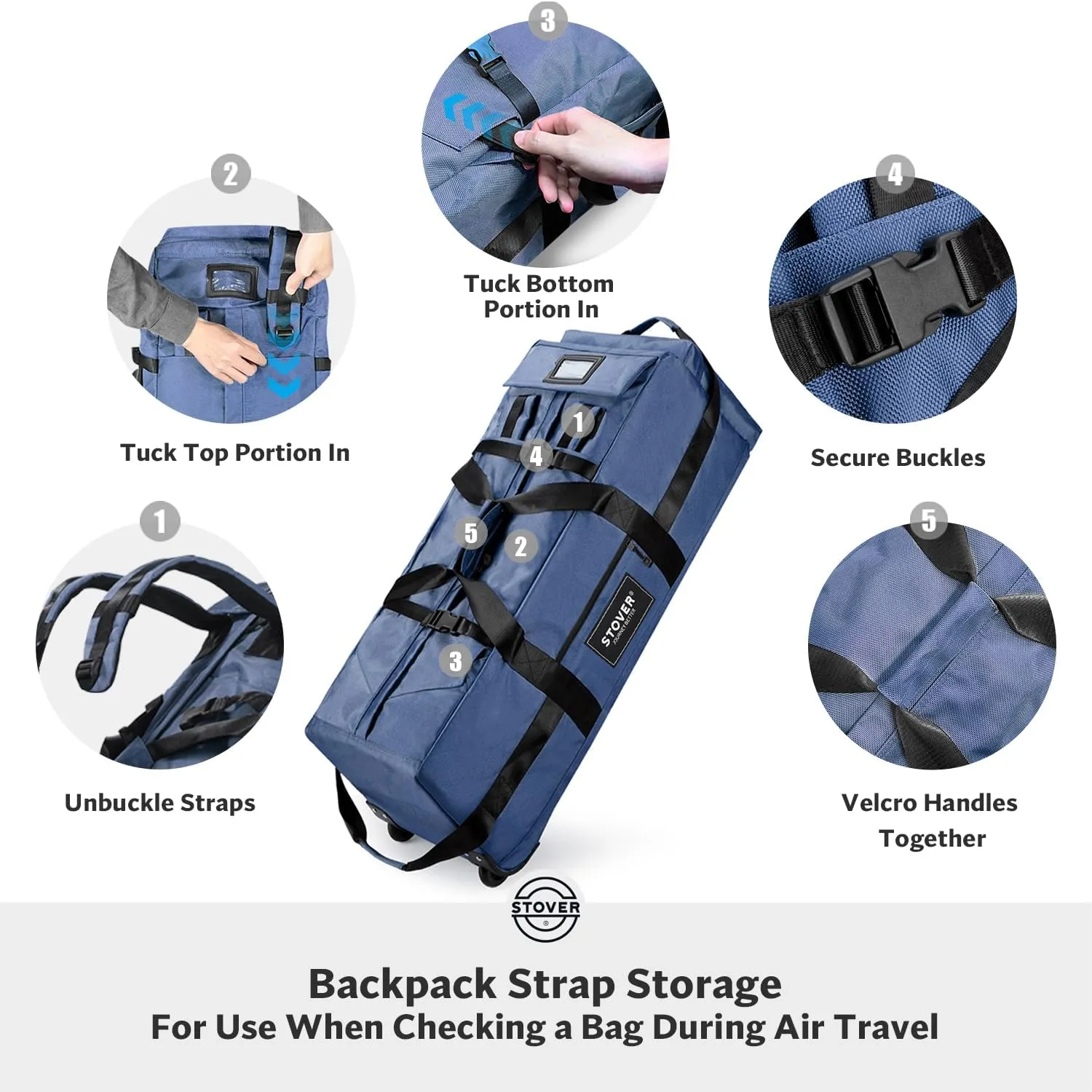 STOVER 80L Rolling Duffel Bag with Wheels, Large 31 Inch Durable Travel Duffle   Toiletry Bag, Heavy Duty, Packable, Foldable w/Shoulder Straps- Use as Luggage or Backpack, Men/Women (Blue)