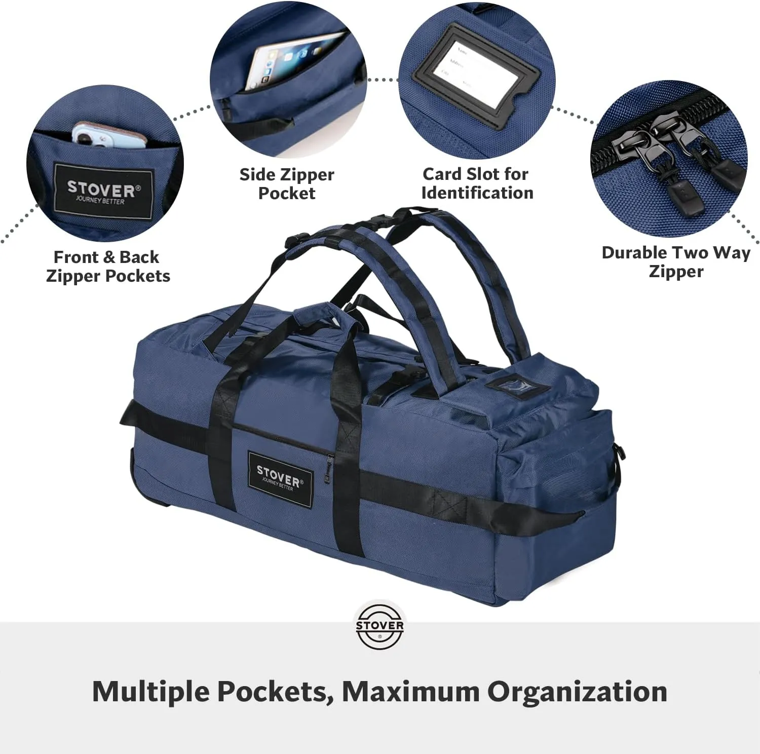 STOVER 80L Rolling Duffel Bag with Wheels, Large 31 Inch Durable Travel Duffle   Toiletry Bag, Heavy Duty, Packable, Foldable w/Shoulder Straps- Use as Luggage or Backpack, Men/Women (Blue)