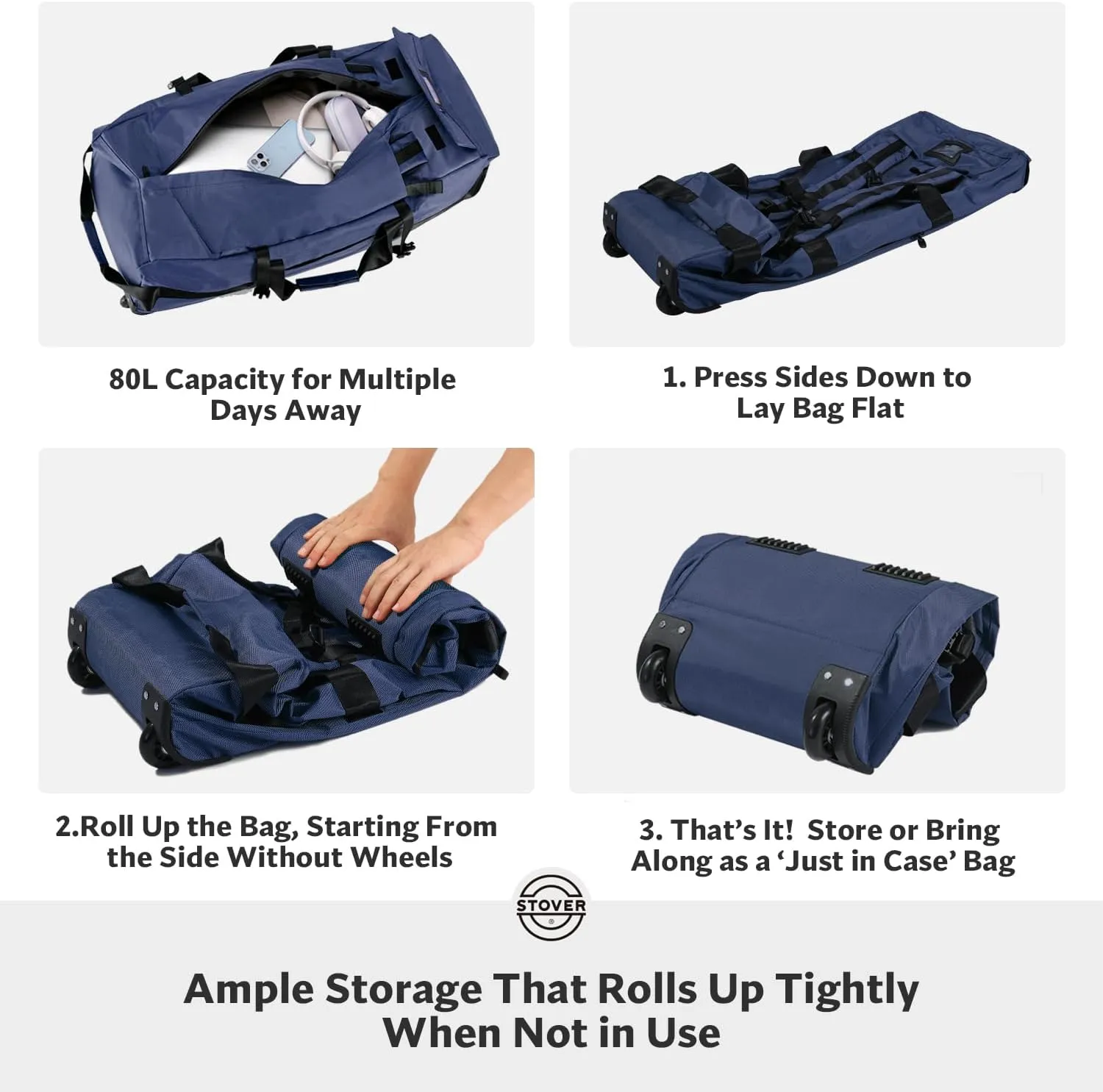 STOVER 80L Rolling Duffel Bag with Wheels, Large 31 Inch Durable Travel Duffle   Toiletry Bag, Heavy Duty, Packable, Foldable w/Shoulder Straps- Use as Luggage or Backpack, Men/Women (Blue)
