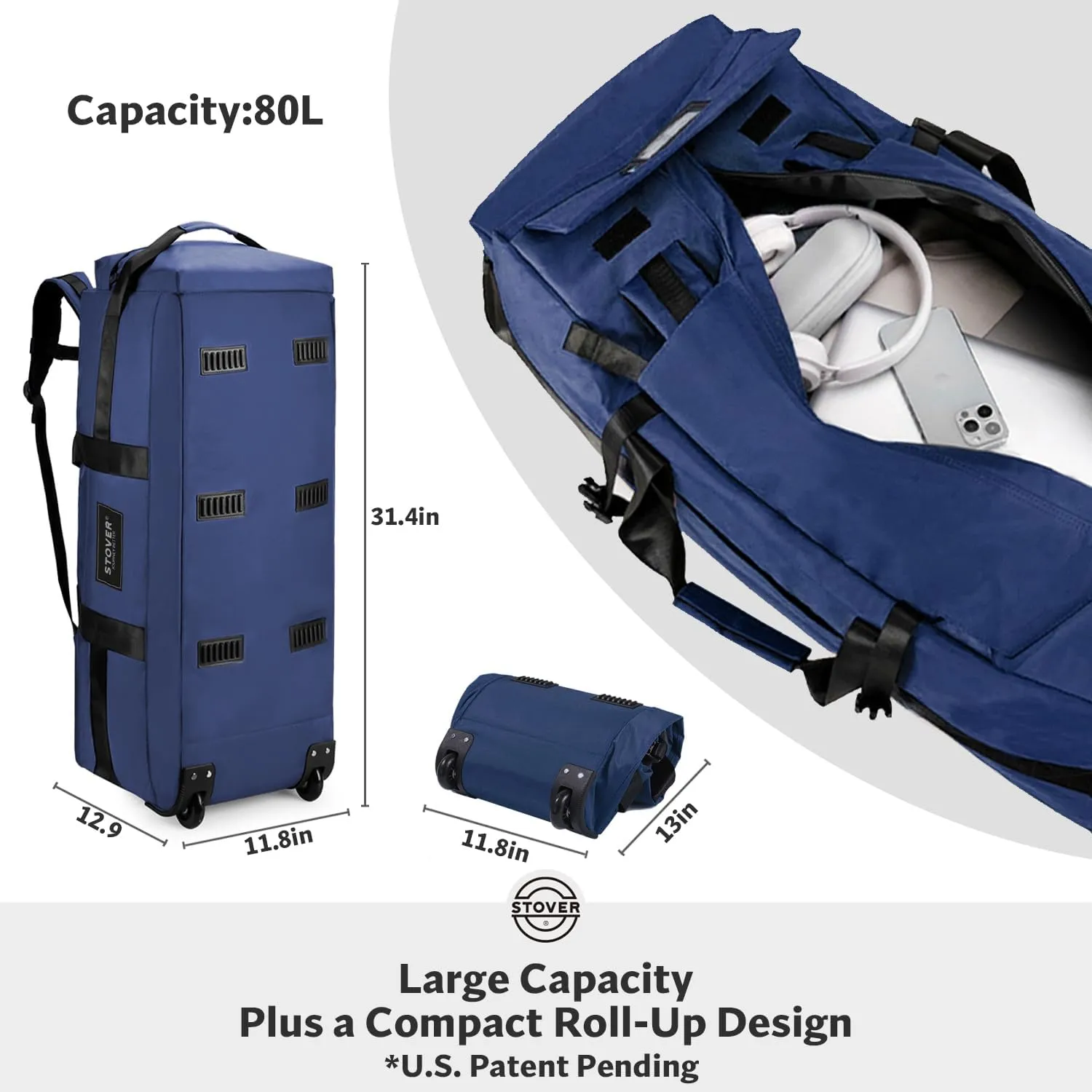 STOVER 80L Rolling Duffel Bag with Wheels, Large 31 Inch Durable Travel Duffle   Toiletry Bag, Heavy Duty, Packable, Foldable w/Shoulder Straps- Use as Luggage or Backpack, Men/Women (Blue)
