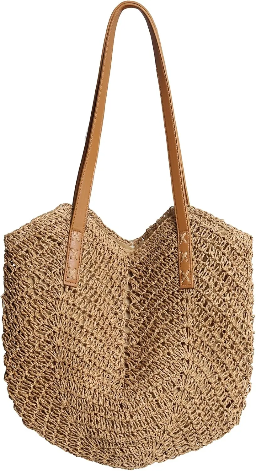 Straw Bag for Women Beach Woven Tote Bag Large Capacity Shoulder Bag for Summer Vacation Brown