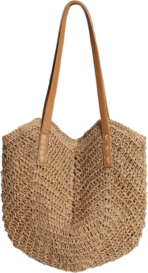 Straw Bag for Women Beach Woven Tote Bag Large Capacity Shoulder Bag for Summer Vacation Brown